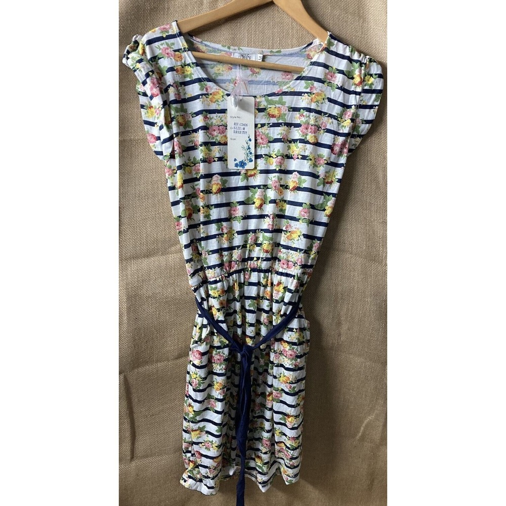 Dily Dress Womens Size M Medium Cap Sleeve Belted Floral Pockets Stripe NEW‎